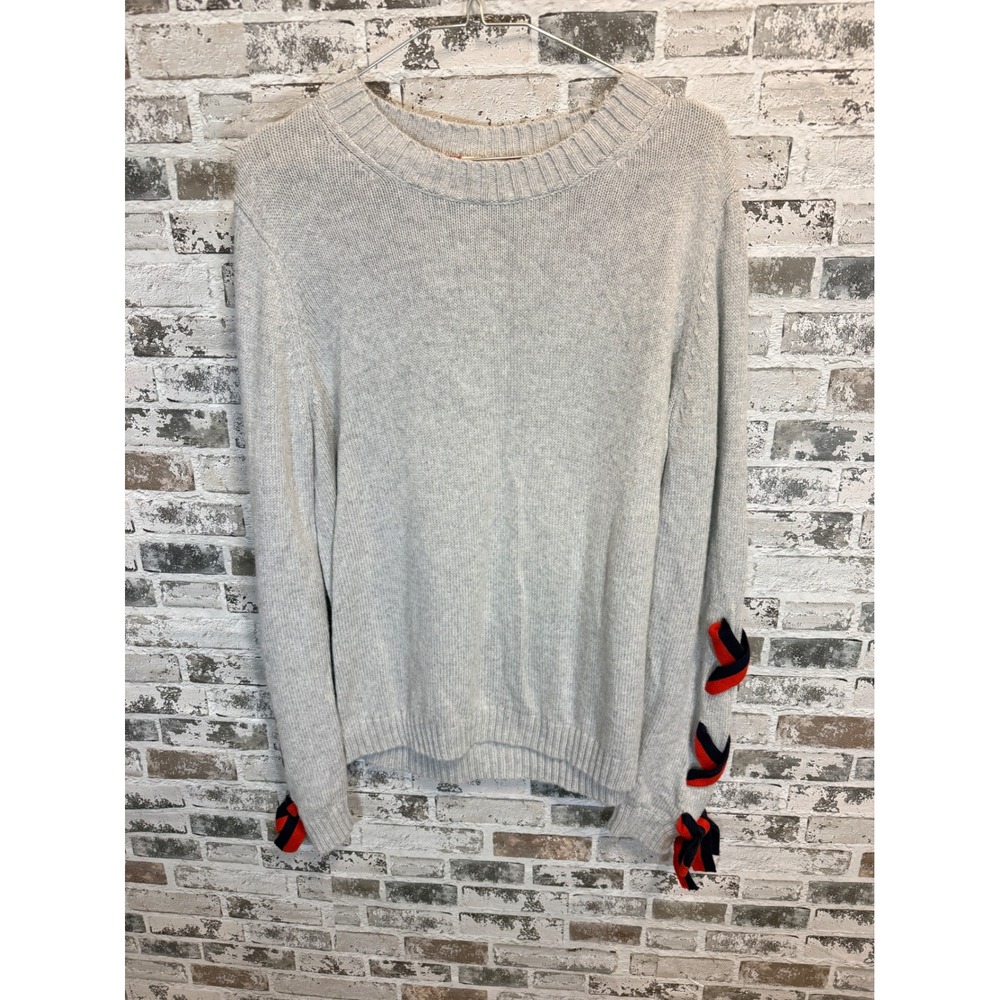 Boden Sweater Womens Large Gray Lace Up Ribbon Sleeve Crew Neck Knit Pullover